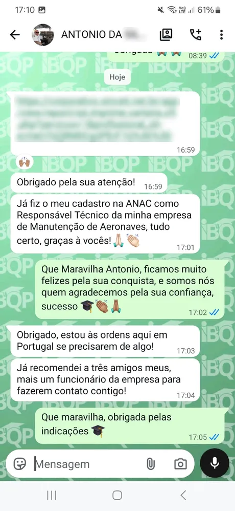 Mensagem de aluno agradecendo ao IBQP pela certificação (dados pessoais desfocados)